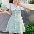 Short-sleeve Chiffon Paneled Checker A-line Mini Dress