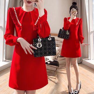 Long-sleeve Doll Collar Embellished Frill Trim A-line Dress