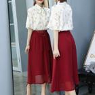 Set: Elbow-sleeve Floral Print Shirt + A-line Midi Skirt