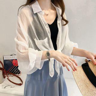 Long-sleeve Stripe Chiffon Sheer Shirt