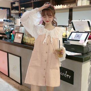 Long-sleeve Ruffled Tie-neck Blouse / Mini A-line Pinafore Dress