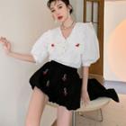 Short-sleeve Cherry Embroidered Blouse / Shorts