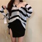 Striped Cardigan / Slit Mini Pencil Skirt