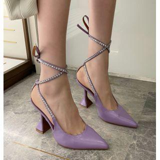 Flared Heel Pointed Rhinestone Tie-ankle Slingback Pumps