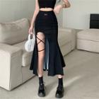 High-waist Lace-up Slit Fish Tail Denim Maxi Skirt