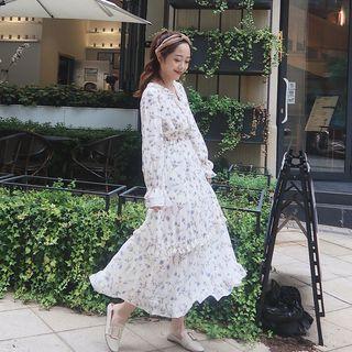 Floral Print Chiffon Long-sleeve Midi A-line Dress