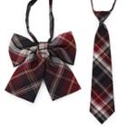Set: Plaid Ribbon Bow Tie + Necktie Set Of 2 - Bow Tie + Necktie - Black & Brown - One Size