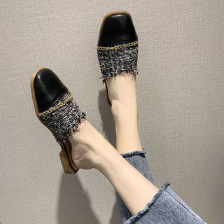 Paneled Fringed Tweed Mules
