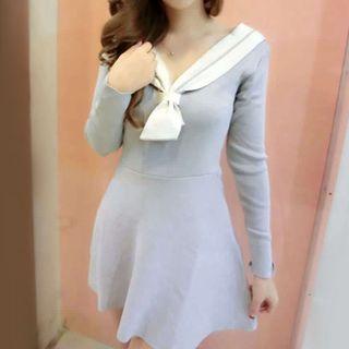 Collared Long-sleeve Mini A-line Knit Dress