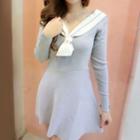 Collared Long-sleeve Mini A-line Knit Dress