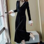 Set: Velvet Long-sleeve Maxi A-line Dress + Sheer Top