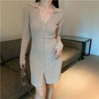 Button-up Ribbed Knit Dress Khaki - One Size