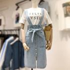 Set: Lettering Short-sleeve T-shirt + Denim Suspender Skirt