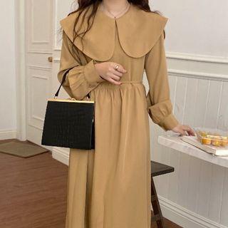 Long-sleeve Collared Midi A-line Dress Khaki - One Size