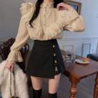 Long-sleeve Ruffled Lace Blouse / Mini Pencil Skirt