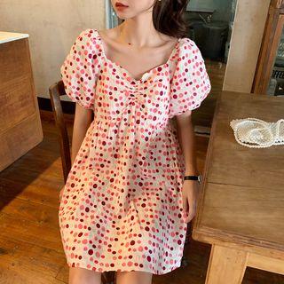 Puff-sleeve Polka Dot Dress Pink - One Size