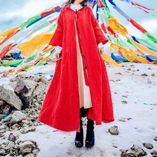 Open Front Hooded Coat Red - One Size