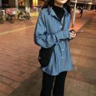 Striped Long-sleeve Loose-fit Shirt / Plain Slim-fit Pants