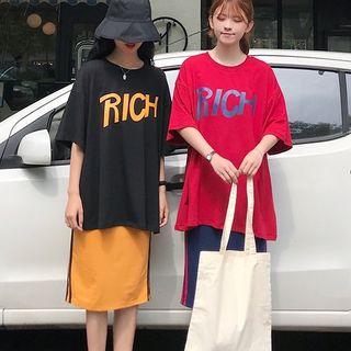 Set: Lettering Elbow-sleeve T-shirt + Striped Trim Straight-fit Skirt