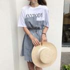 Plaid Panel Lettering Elbow-sleeve T-shirt Dress As Shown In Figure - One Size