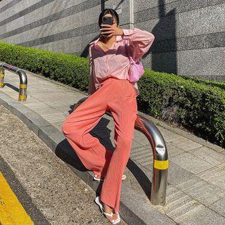 Colored Crystal-pleat Wide-leg Pants