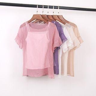 Set: Plain Camisole Top + Short Sleeve Sheer T-shirt