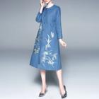 Flower Embroidered Button Coat Dress