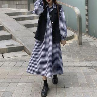 Balloon-sleeve Plaid Midi A-line Dress / Single-breasted Vest
