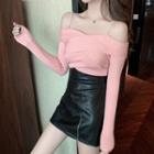 Cold Shoulder Long-sleeve T-shirt / Faux Leather A-line Skirt