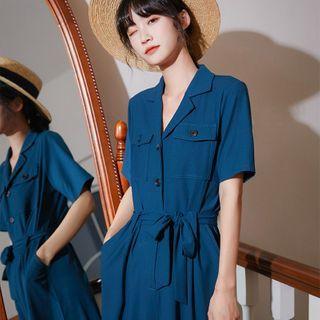 Collared Short-sleeve Tie-waist Cropped Wide-leg Jumpsuit
