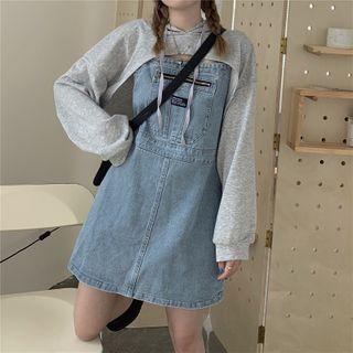 Cropped Drawstring Hoodie / Spaghetti Strap Mini A-line Denim Dress