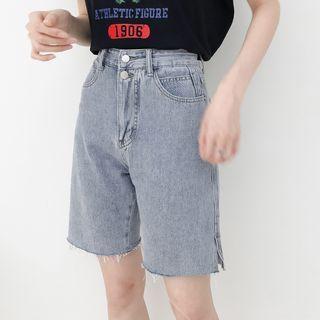 High-waist Slit-side Denim Straight-cut Shorts