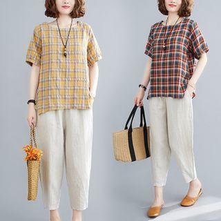 Set : Plaid Lantern-sleeve Top + Plain Pants