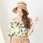 Elbow-sleeve Leaf Print Top Yellow - One Size