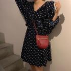 Dotted Balloon-sleeve Mini A-line Dress Black - One Size