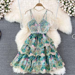 Mesh Panel Embroidered A-line Tiered Dress