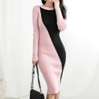 Long-sleeve Two-tone Midi Knit Sheath Dress As Shown In Figure - One Size