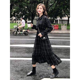 Bell-sleeve Tie-neck Plaid Dress