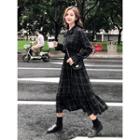 Bell-sleeve Tie-neck Plaid Dress