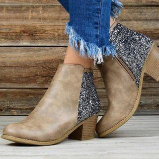 Block Heel Glitter Ankle Boots
