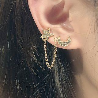 Rhinestone Moon & Star Chained Earring 1 Pc - Al1111 - Gold - One Size