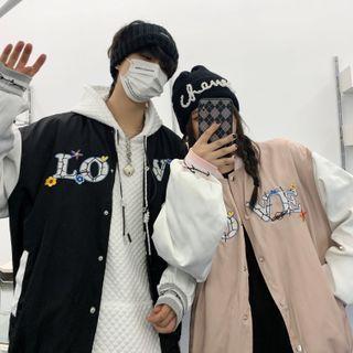 Couple Matching Embroidered Lettering Baseball Jacket