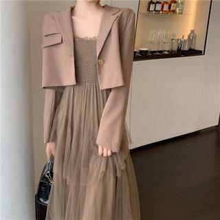 Spaghetti Strap Smocked Midi Mesh Dress / Blazer / Set