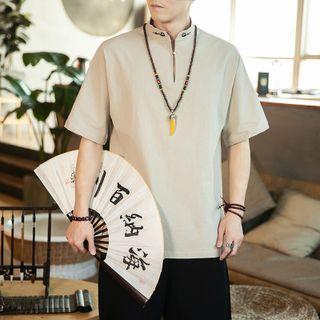 Elbow-sleeve Stand Collar Embroidered T-shirt