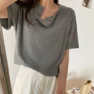 Long-sleeve Diagonal Button Plain Top
