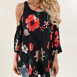 Flower Print Cold-shoulder 3/4-sleeve Top