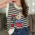 Sleeveless Cartoon Embroidered Striped Knit Top