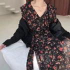 Long-sleeve Ruffled Floral Midi Chiffon Dress