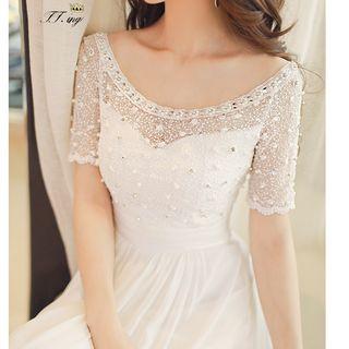 Faux Pearl Lace Panel Short Sleeve Midi Dress