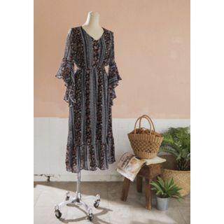 Bell-sleeve Floral Chiffon Long Dress